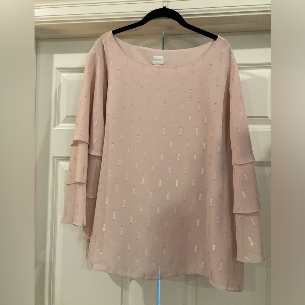 Chico’s pullover blouse in blush with gold accents, bell sleeves.